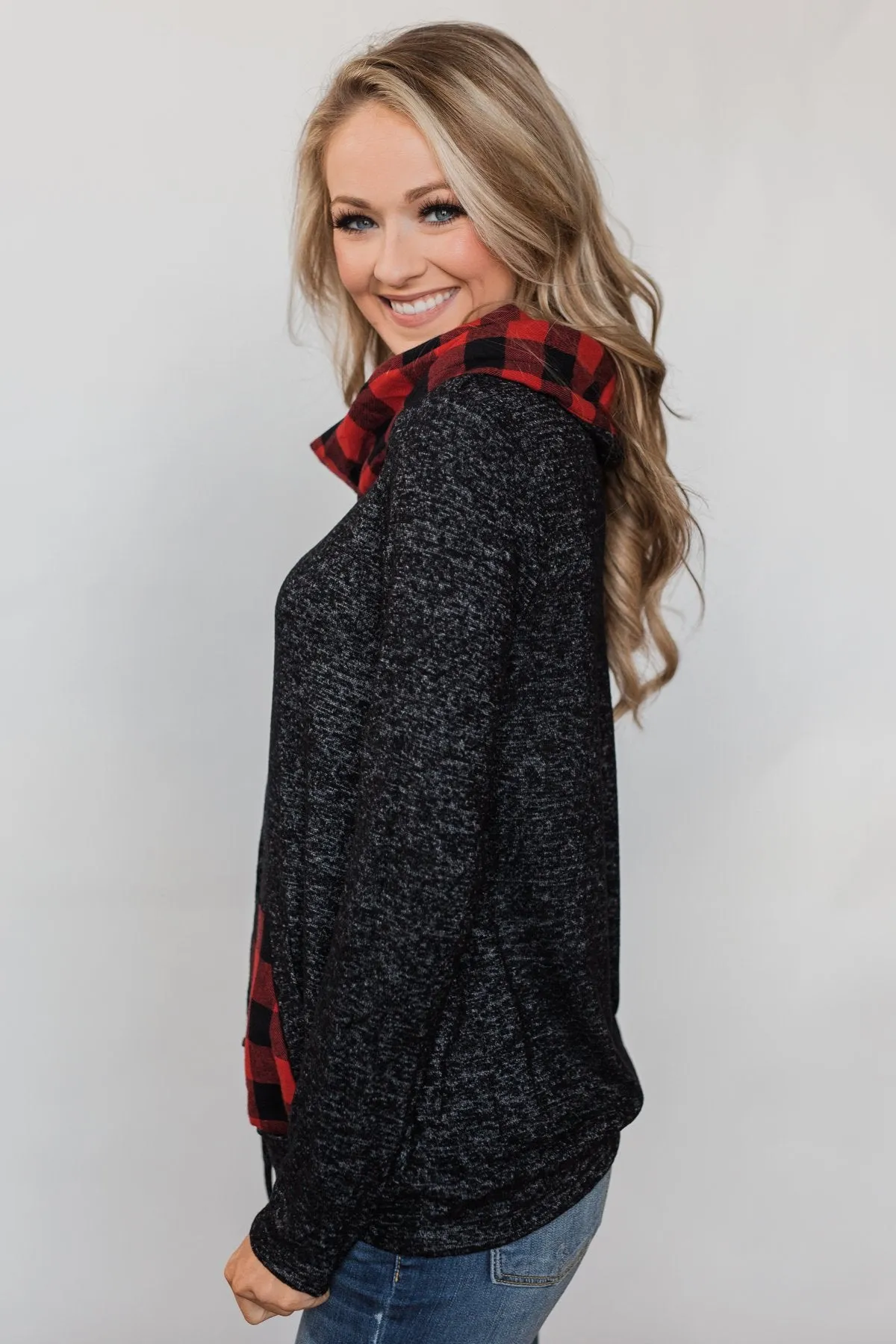 Cheerful in Plaid Cowl Neck Hoodie- Heather Black