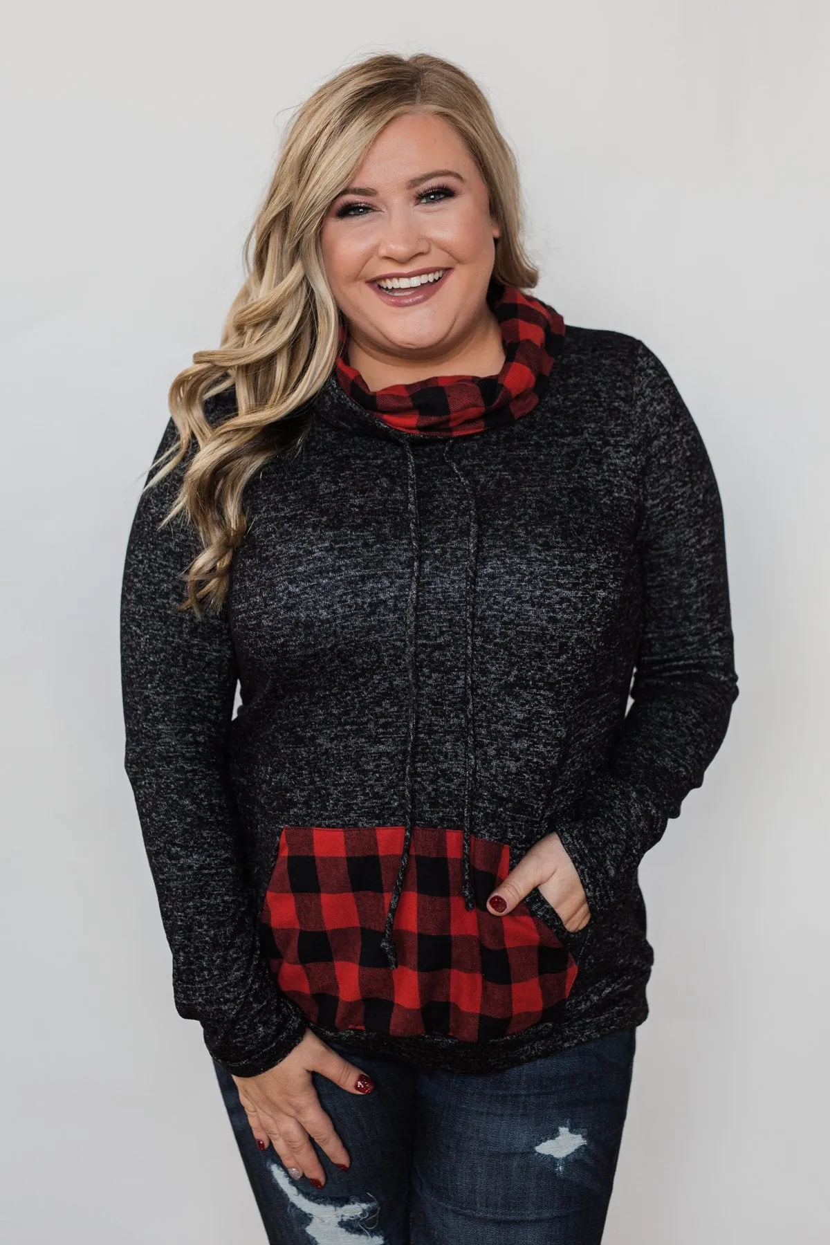 Cheerful in Plaid Cowl Neck Hoodie- Heather Black