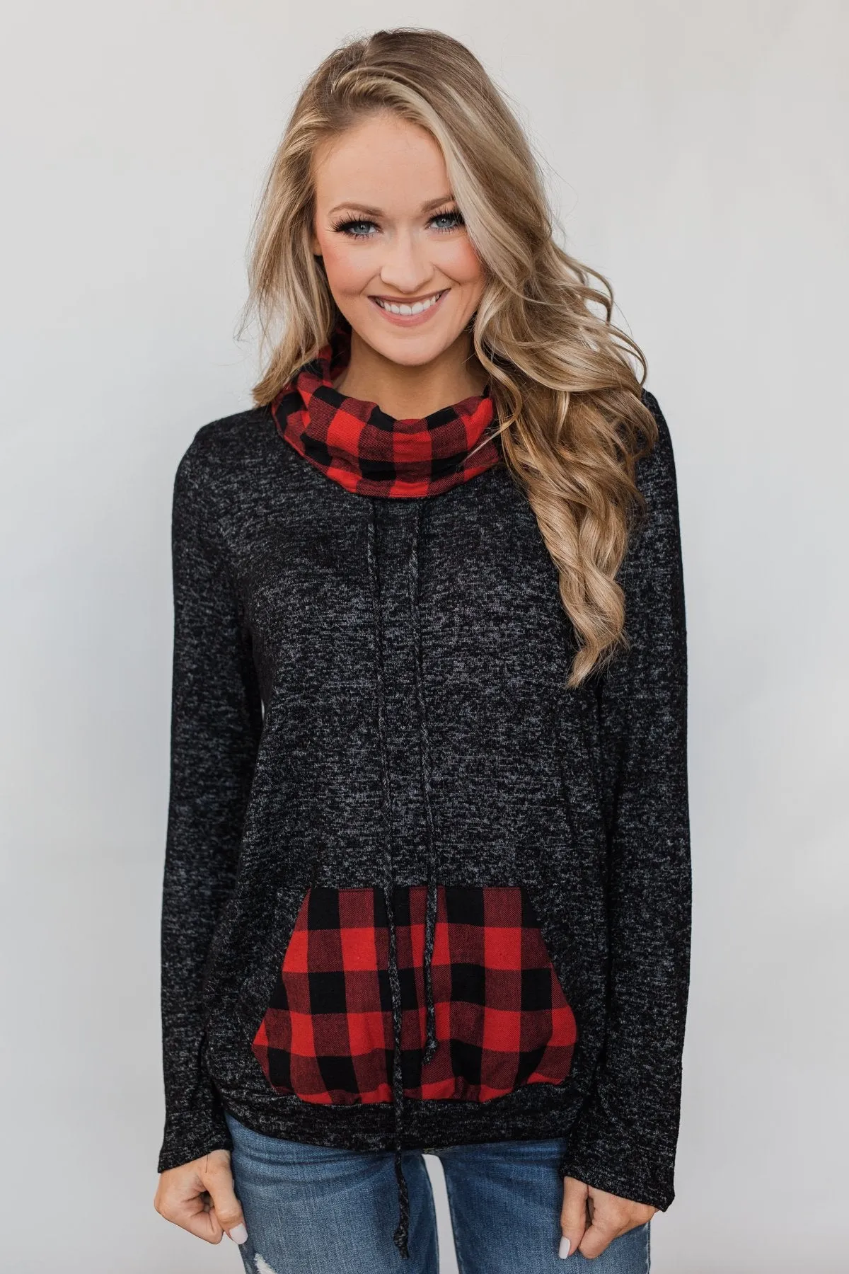 Cheerful in Plaid Cowl Neck Hoodie- Heather Black