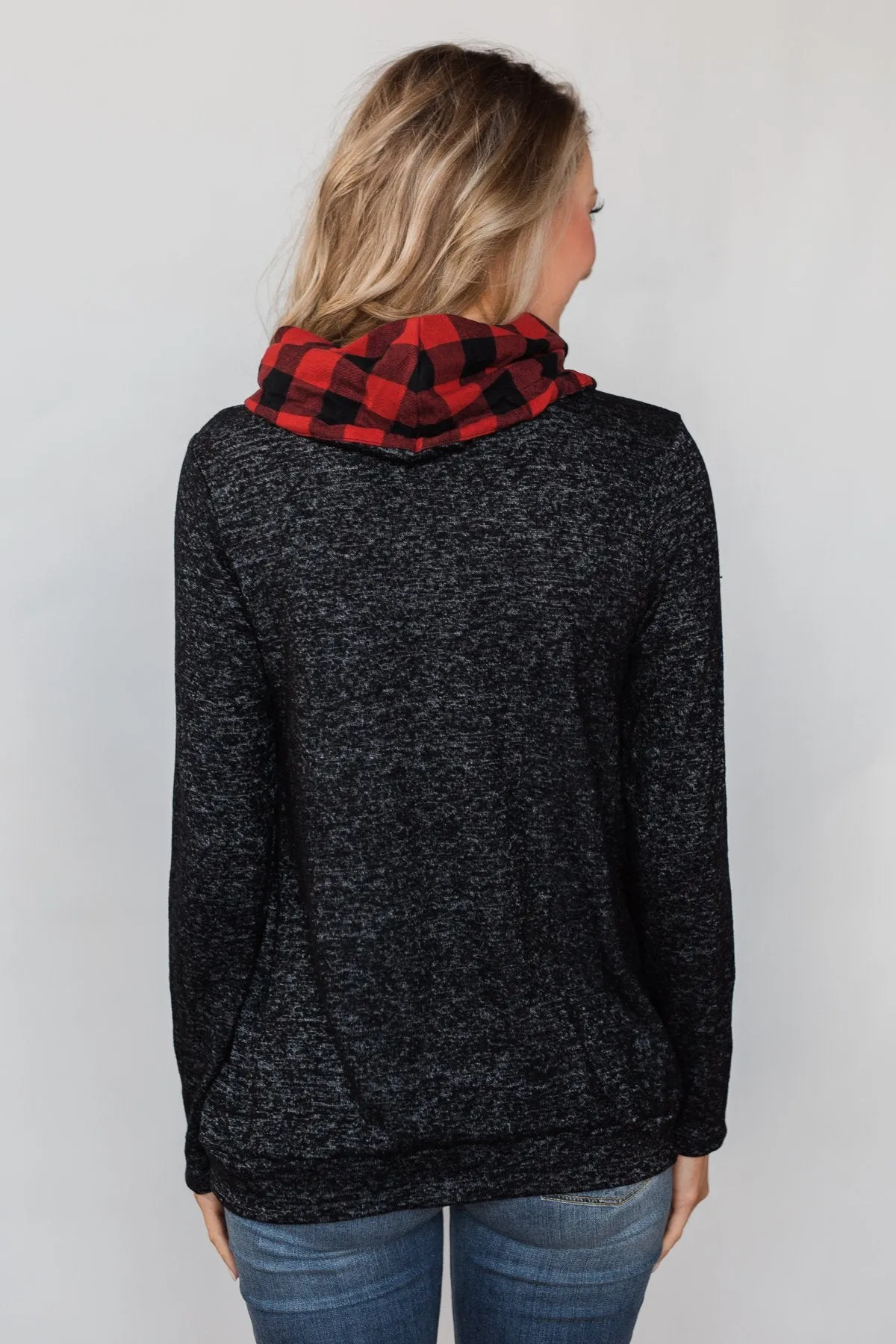 Cheerful in Plaid Cowl Neck Hoodie- Heather Black