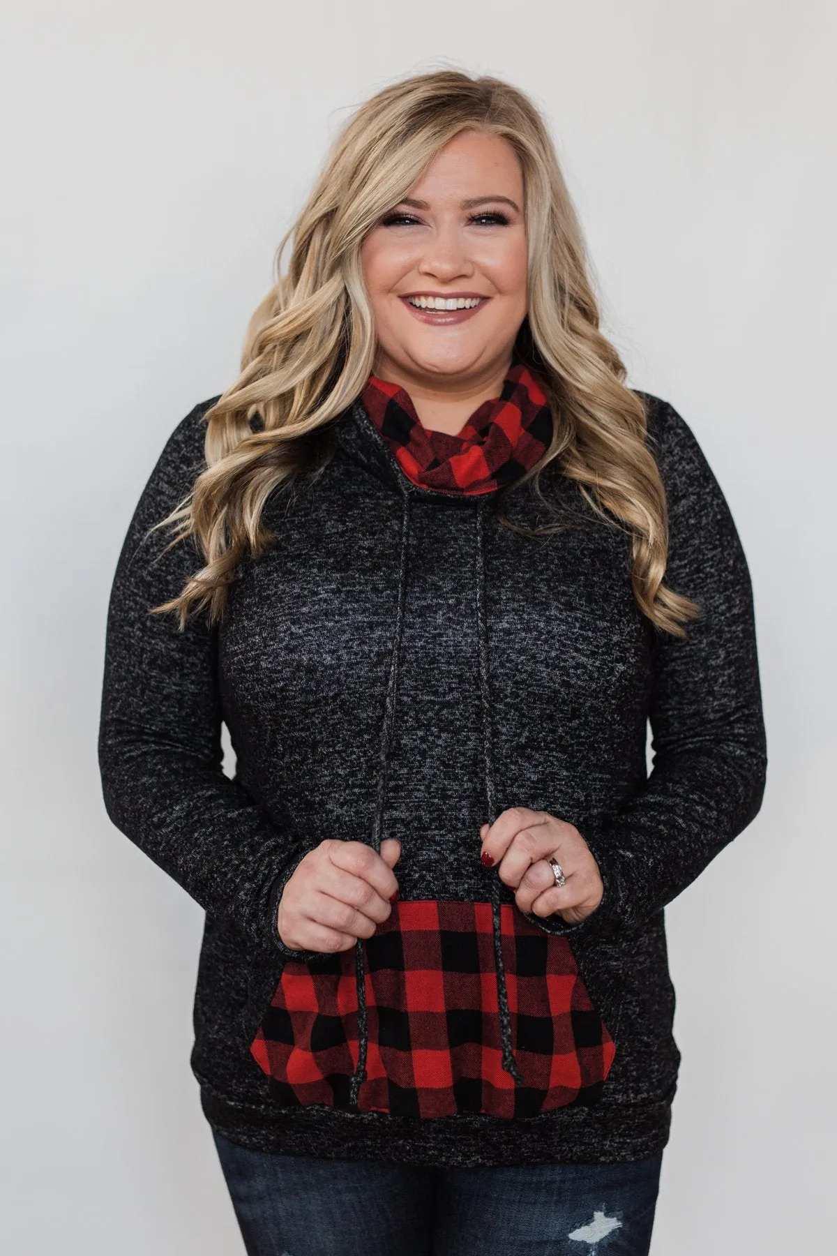 Cheerful in Plaid Cowl Neck Hoodie- Heather Black