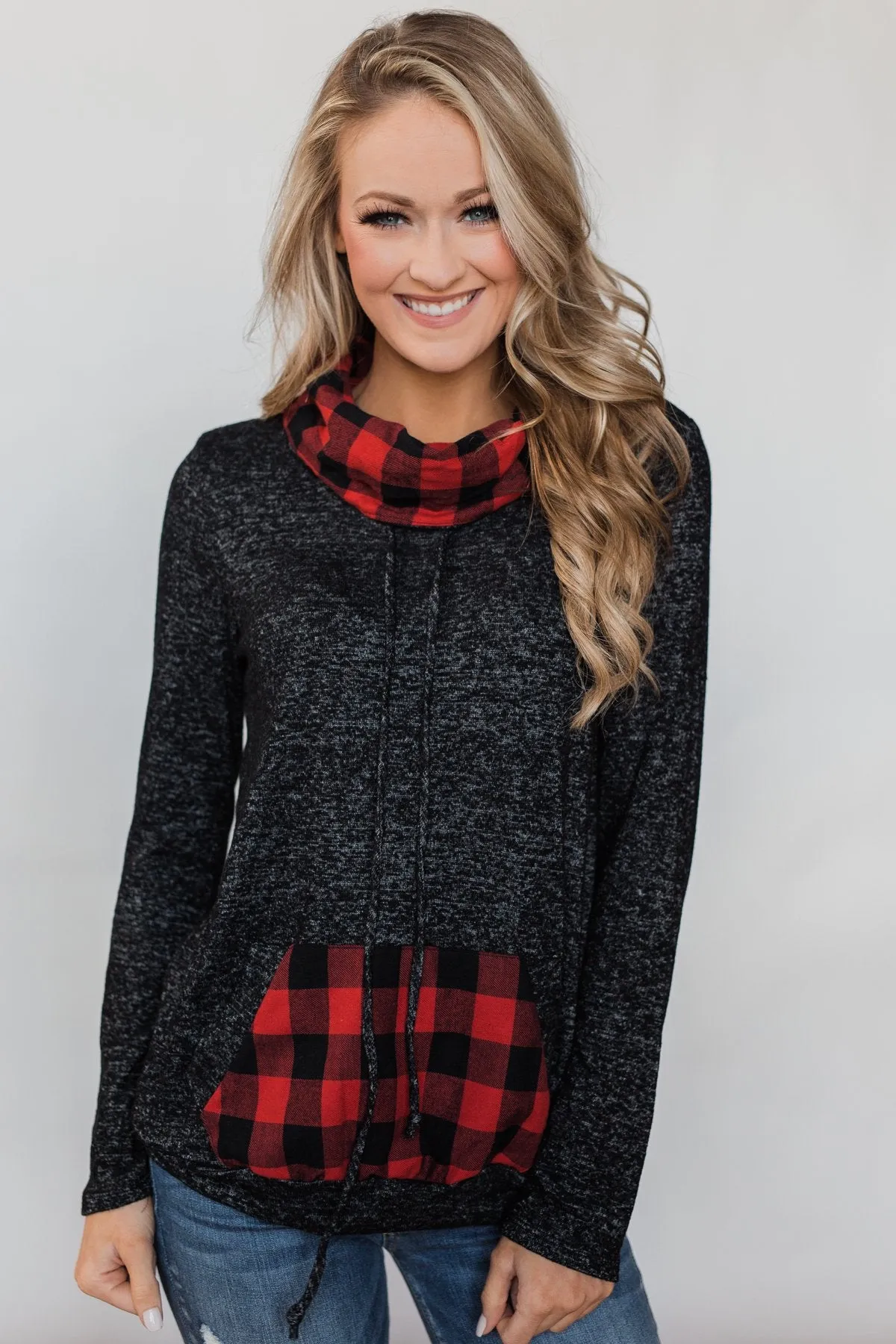 Cheerful in Plaid Cowl Neck Hoodie- Heather Black