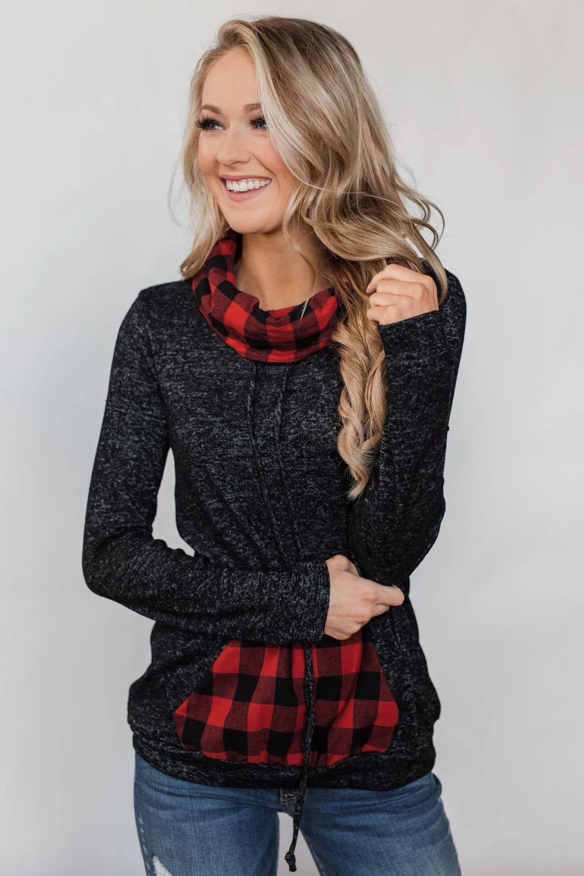 Cheerful in Plaid Cowl Neck Hoodie- Heather Black