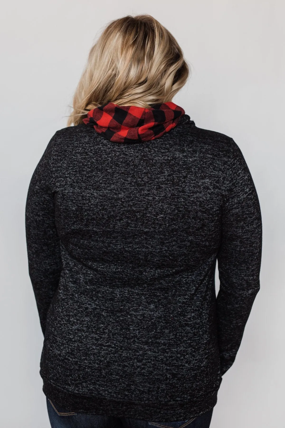 Cheerful in Plaid Cowl Neck Hoodie- Heather Black