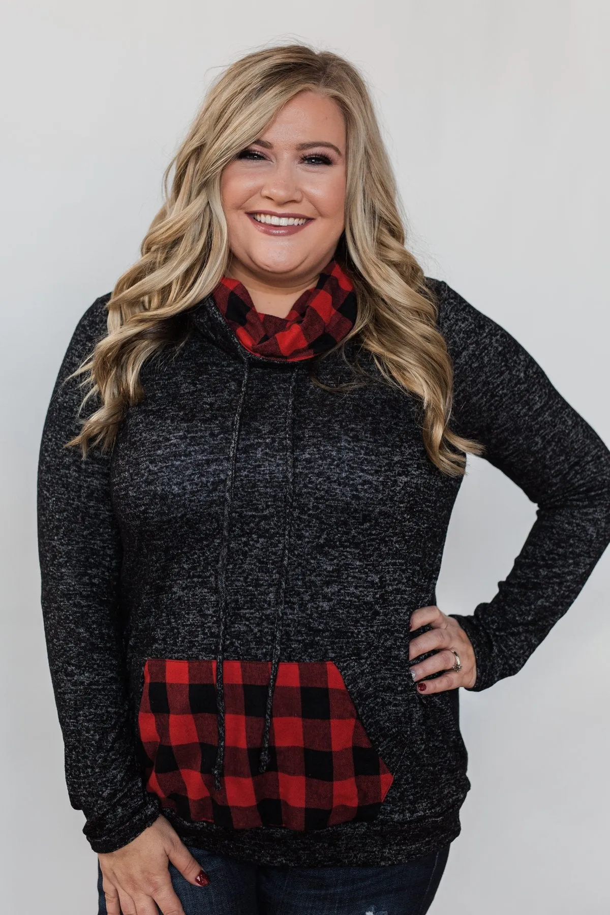 Cheerful in Plaid Cowl Neck Hoodie- Heather Black