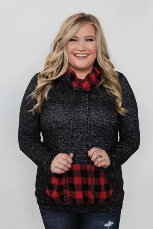 Cheerful in Plaid Cowl Neck Hoodie- Heather Black