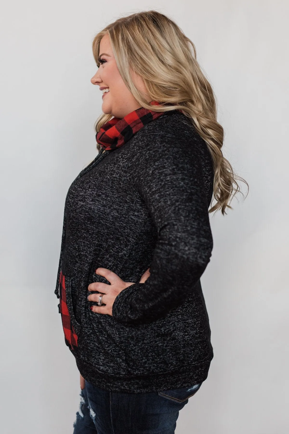 Cheerful in Plaid Cowl Neck Hoodie- Heather Black