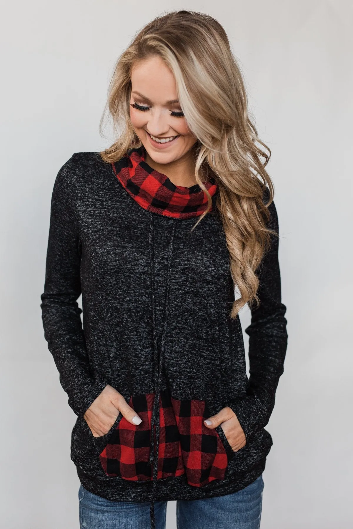 Cheerful in Plaid Cowl Neck Hoodie- Heather Black