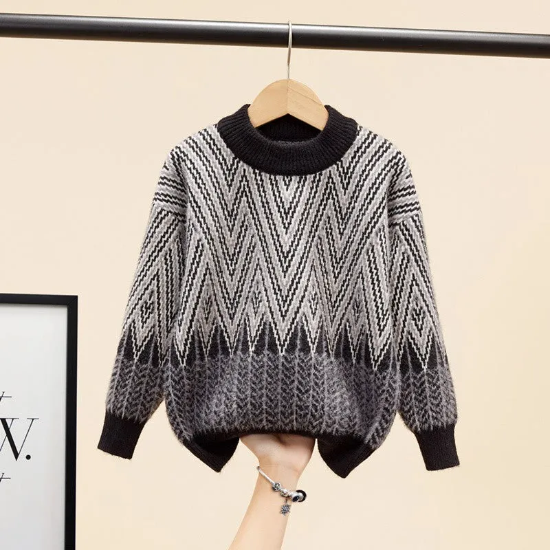 Children's sweater boys autumn and winter 2025 new foreign style medium and older children thickened warm boy mink velvet knitted sweater tide