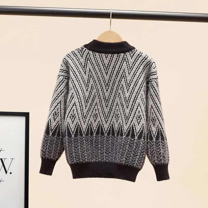 Children's sweater boys autumn and winter 2025 new foreign style medium and older children thickened warm boy mink velvet knitted sweater tide