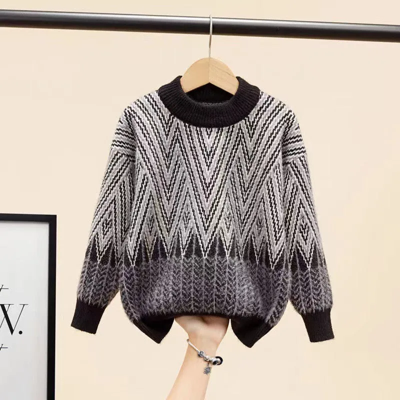 Children's sweater boys autumn and winter 2025 new foreign style medium and older children thickened warm boy mink velvet knitted sweater tide