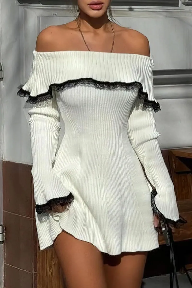 Chouyatou Women's Off The Shoulder Bell Long Sleeve Sweater Mini Dress Lace Trim Bodycon Ribbed Knit Sweater Dress