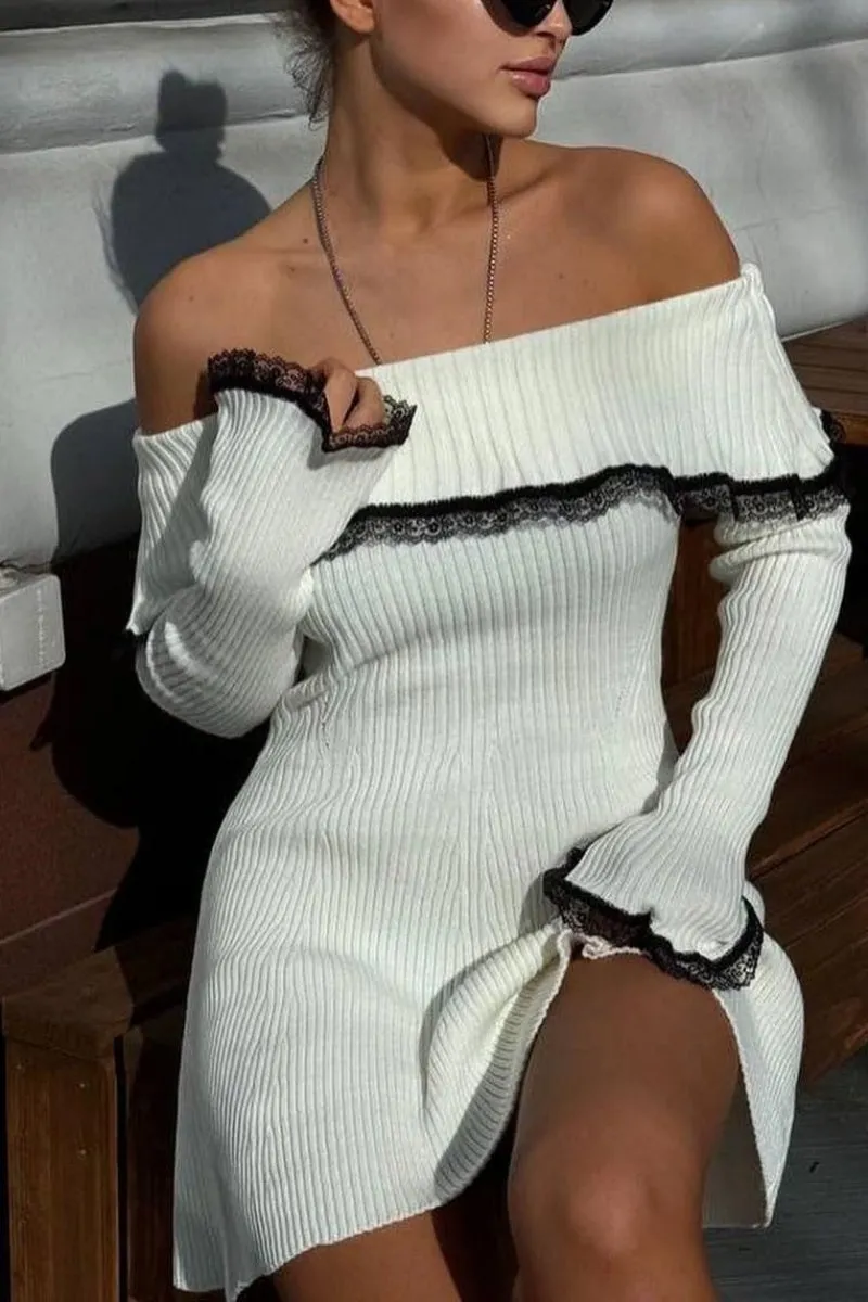 Chouyatou Women's Off The Shoulder Bell Long Sleeve Sweater Mini Dress Lace Trim Bodycon Ribbed Knit Sweater Dress