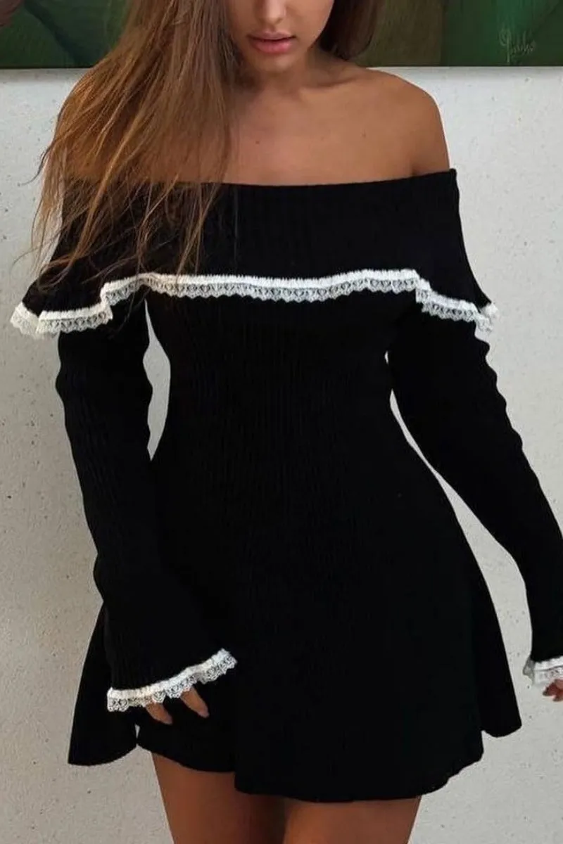 Chouyatou Women's Off The Shoulder Bell Long Sleeve Sweater Mini Dress Lace Trim Bodycon Ribbed Knit Sweater Dress