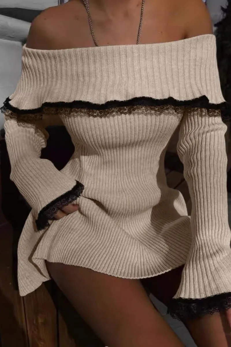 Chouyatou Women's Off The Shoulder Bell Long Sleeve Sweater Mini Dress Lace Trim Bodycon Ribbed Knit Sweater Dress