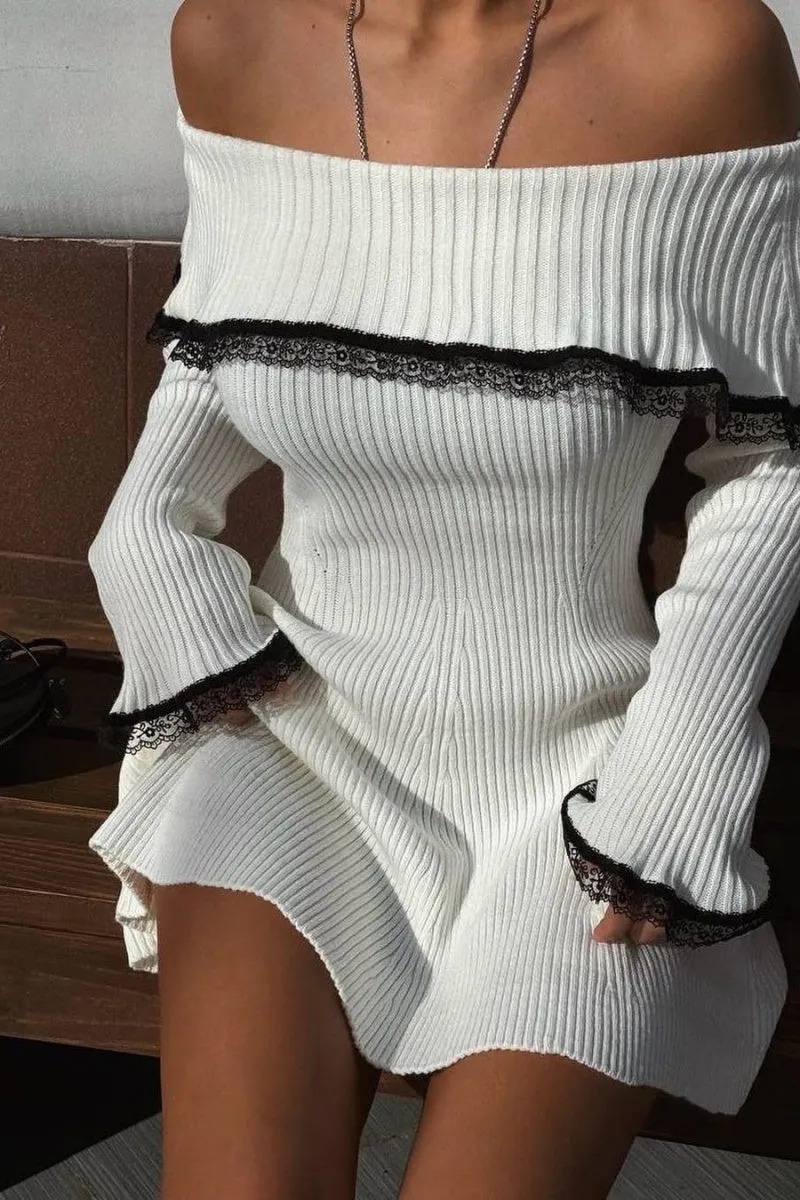 Chouyatou Women's Off The Shoulder Bell Long Sleeve Sweater Mini Dress Lace Trim Bodycon Ribbed Knit Sweater Dress
