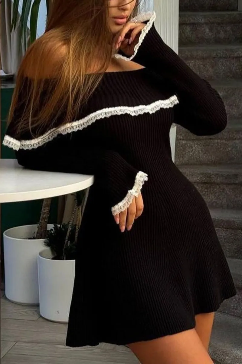 Chouyatou Women's Off The Shoulder Bell Long Sleeve Sweater Mini Dress Lace Trim Bodycon Ribbed Knit Sweater Dress