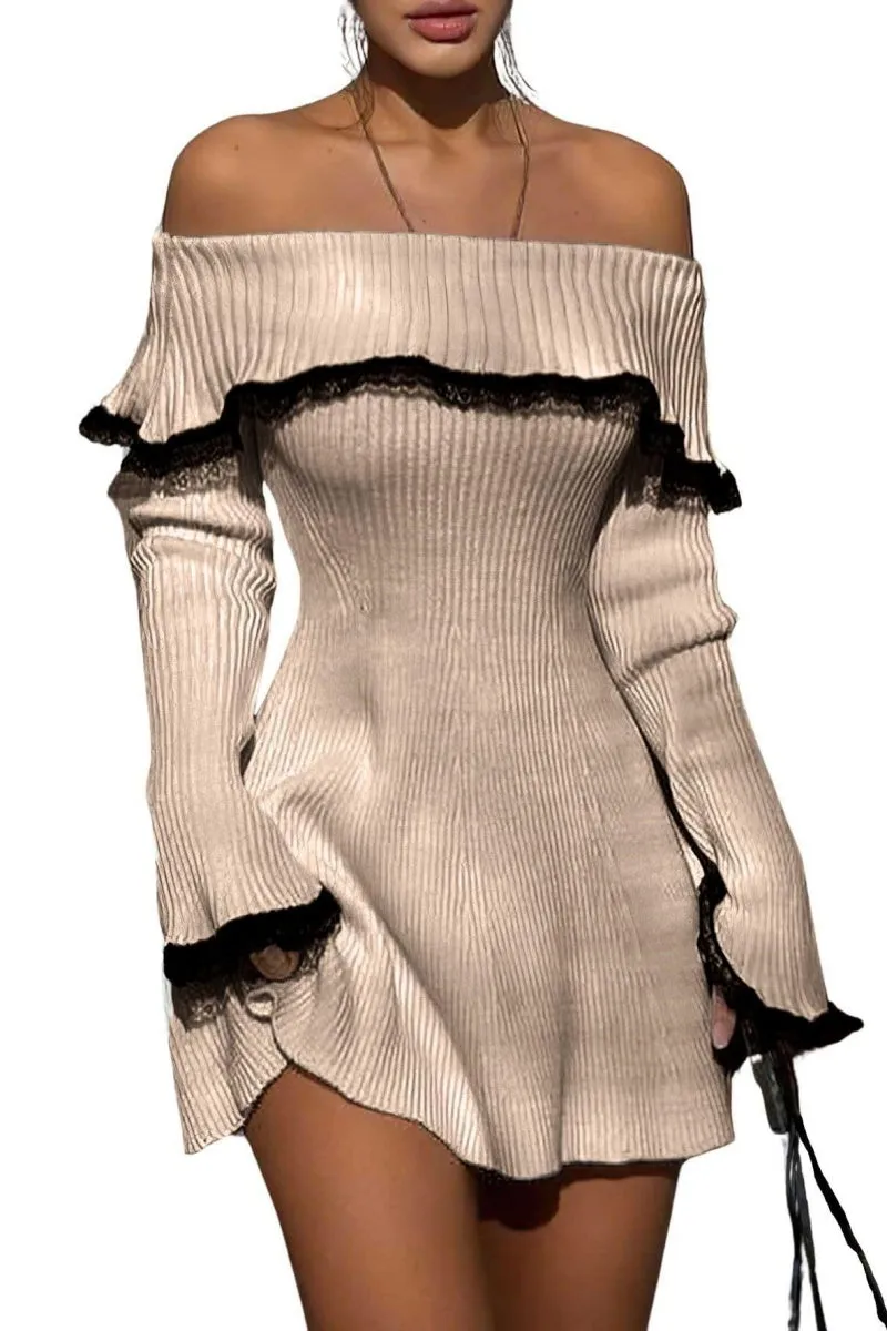 Chouyatou Women's Off The Shoulder Bell Long Sleeve Sweater Mini Dress Lace Trim Bodycon Ribbed Knit Sweater Dress