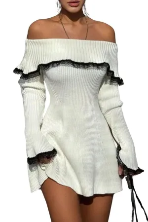 Chouyatou Women's Off The Shoulder Bell Long Sleeve Sweater Mini Dress Lace Trim Bodycon Ribbed Knit Sweater Dress