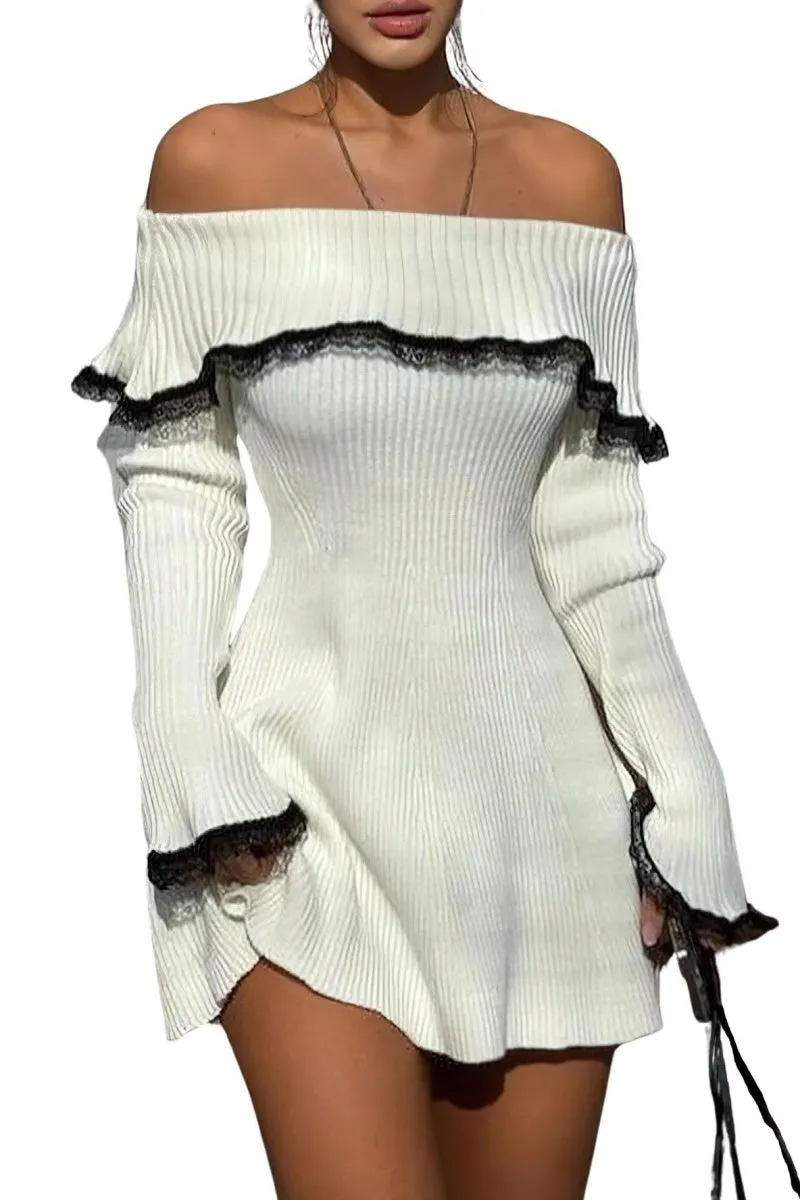 Chouyatou Women's Off The Shoulder Bell Long Sleeve Sweater Mini Dress Lace Trim Bodycon Ribbed Knit Sweater Dress