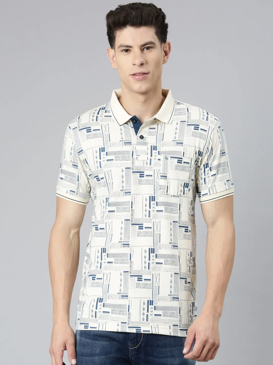 Classic Polo Mens Aop Cream Polo Neck Slim Fit T-Shirt | BELLO - 273 B SF P