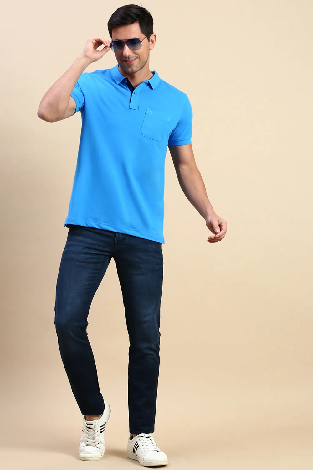 Classic Polo Men's Half Sleeve Blue Polo Neck Slim Fit Solid T-Shirt | TOY-VIROK-OXFORD BLUE SF P