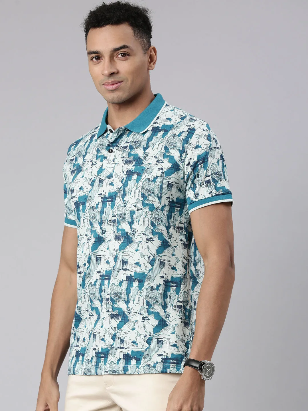 Classic Polo Men's Half Sleeve Blue/White Polo Neck Cotton Blend Slim Fit T-Shirt | BELLO - 305 B SF P