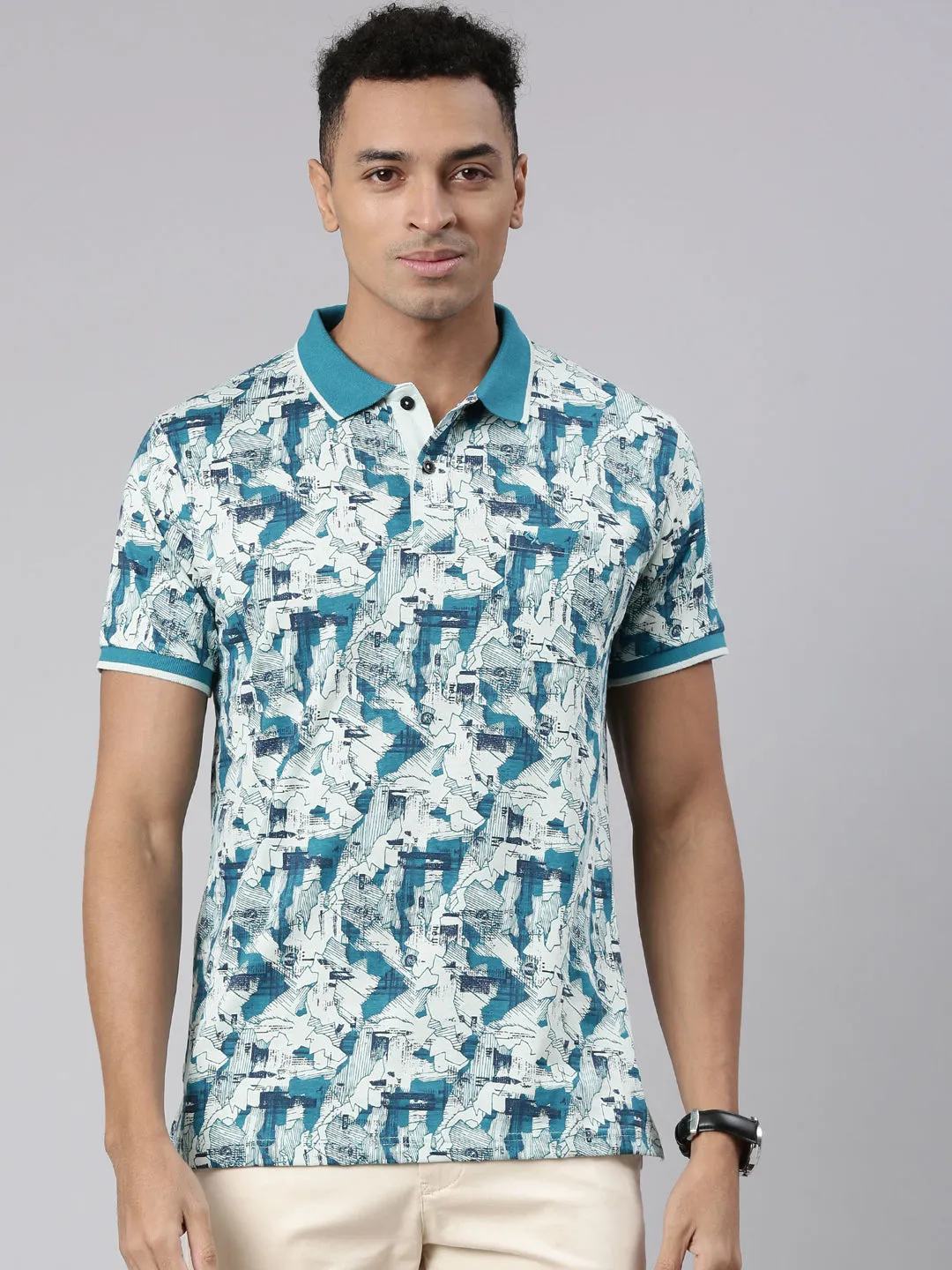 Classic Polo Men's Half Sleeve Blue/White Polo Neck Cotton Blend Slim Fit T-Shirt | BELLO - 305 B SF P