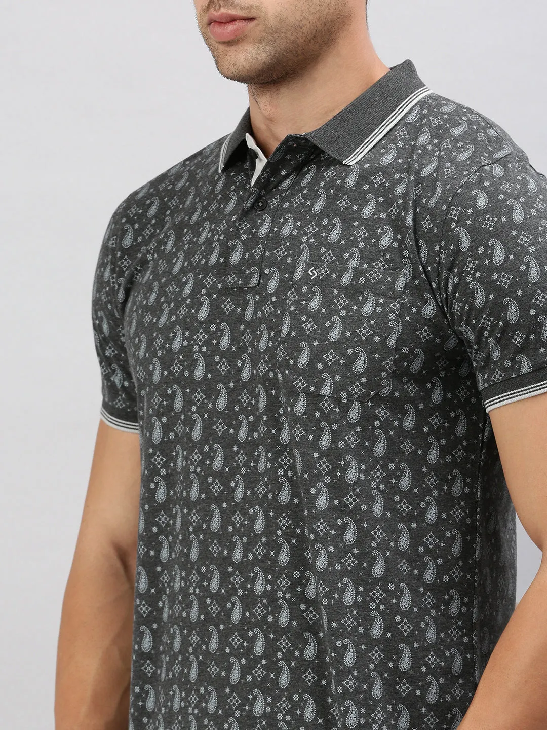 Classic Polo Men's Half Sleeve Charcoal Black/White Polo Neck Cotton Slim Fit T Shirt | BELLO - 292 B SF P