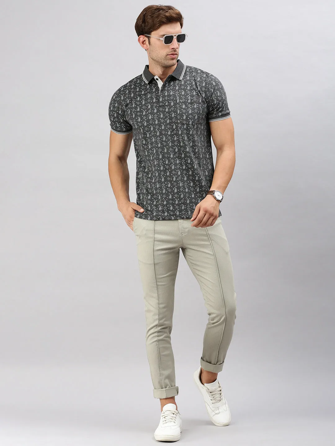 Classic Polo Men's Half Sleeve Charcoal Black/White Polo Neck Cotton Slim Fit T Shirt | BELLO - 292 B SF P