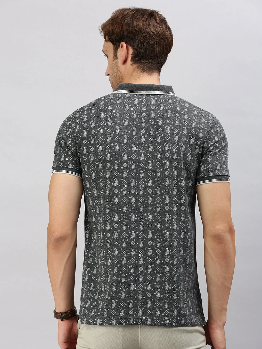 Classic Polo Men's Half Sleeve Charcoal Black/White Polo Neck Cotton Slim Fit T Shirt | BELLO - 292 B SF P