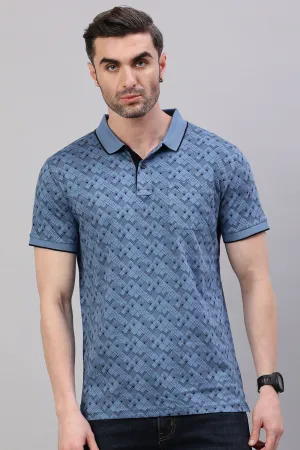 Classic Polo Men's Half Sleeve Lagoon Blue Polo Neck Slim Fit All Over Print T-Shirt | BELLO - 320 A SF P