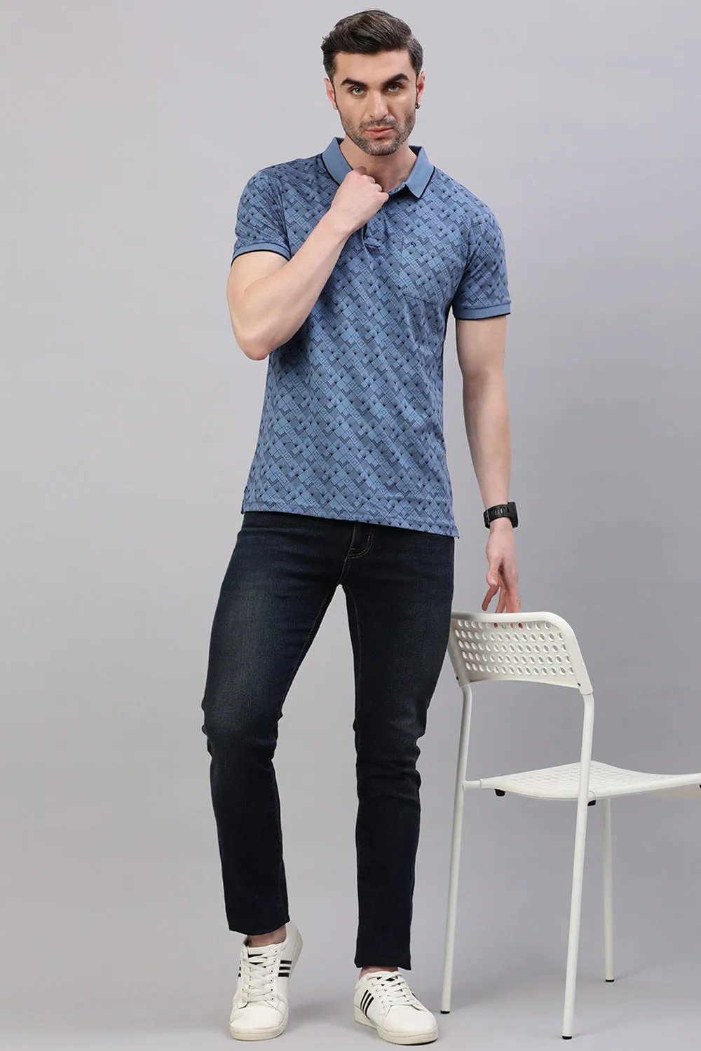 Classic Polo Men's Half Sleeve Lagoon Blue Polo Neck Slim Fit All Over Print T-Shirt | BELLO - 320 A SF P