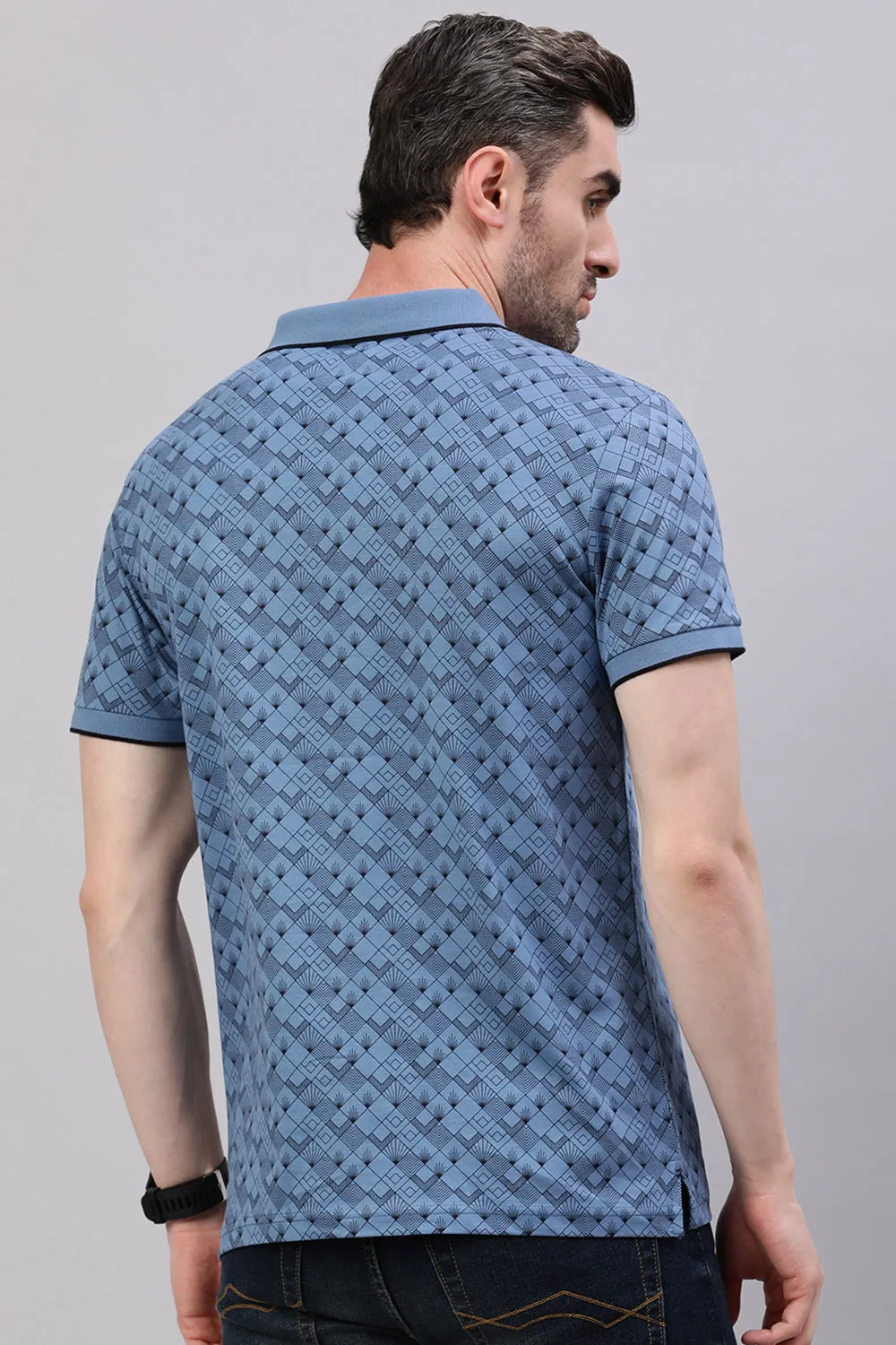 Classic Polo Men's Half Sleeve Lagoon Blue Polo Neck Slim Fit All Over Print T-Shirt | BELLO - 320 A SF P