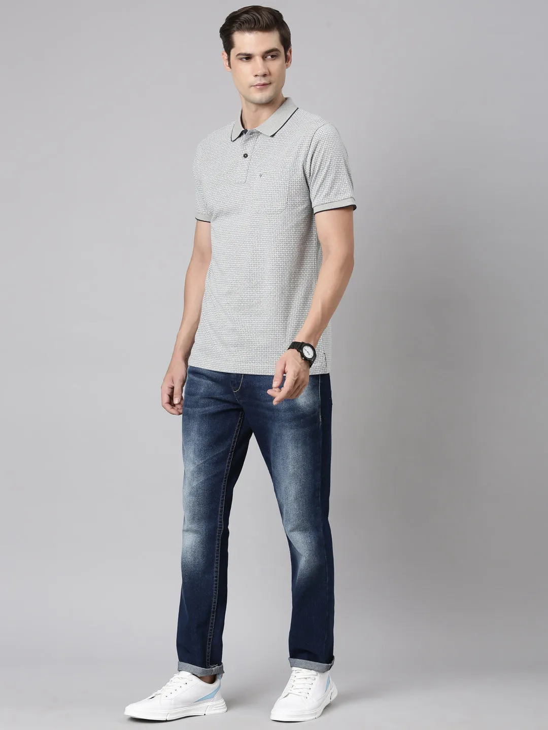 Classic Polo Men's Polo Neck Cotton Grey/Navy Slim Fit Printed T-Shirt | BELLO-286 B SF P