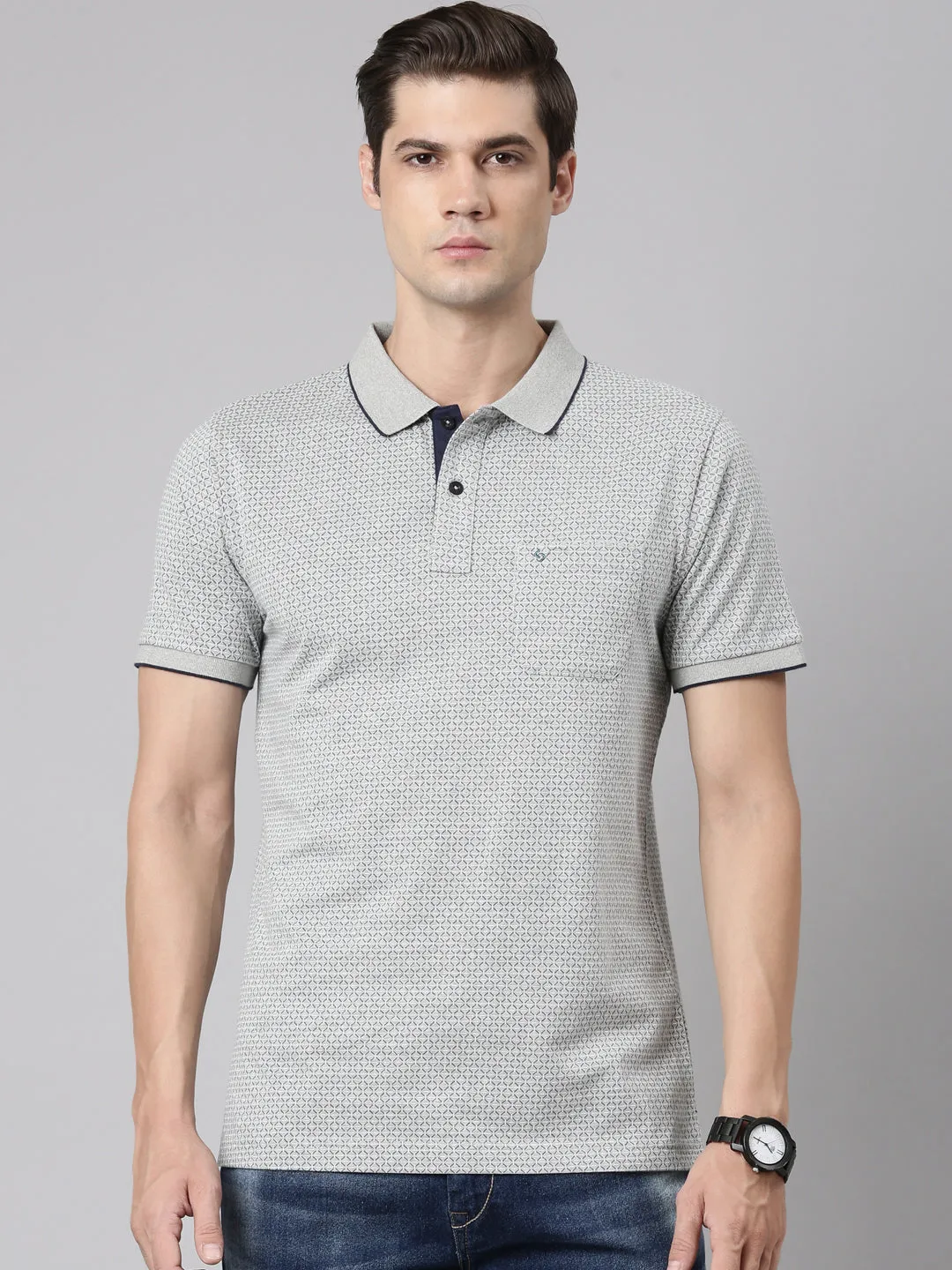 Classic Polo Men's Polo Neck Cotton Grey/Navy Slim Fit Printed T-Shirt | BELLO-286 B SF P