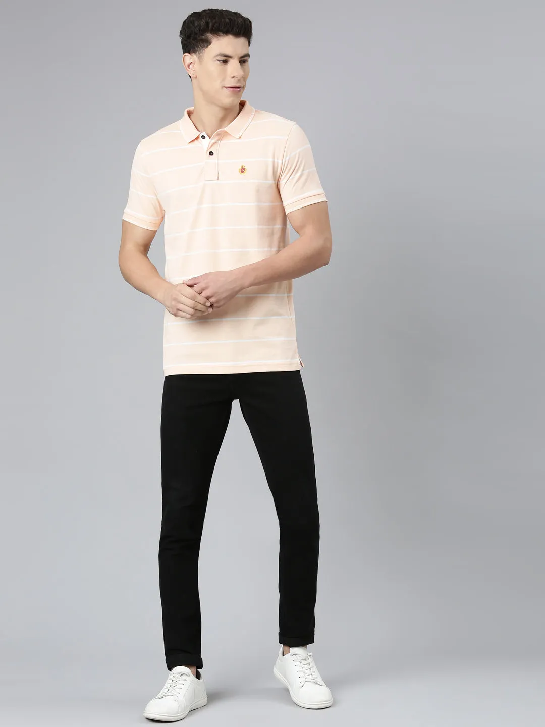 Classic Polo Mens Striped Lt.Orange/White Polo Neck Slim Fit T-Shirt | CPEG - 321 B SF P