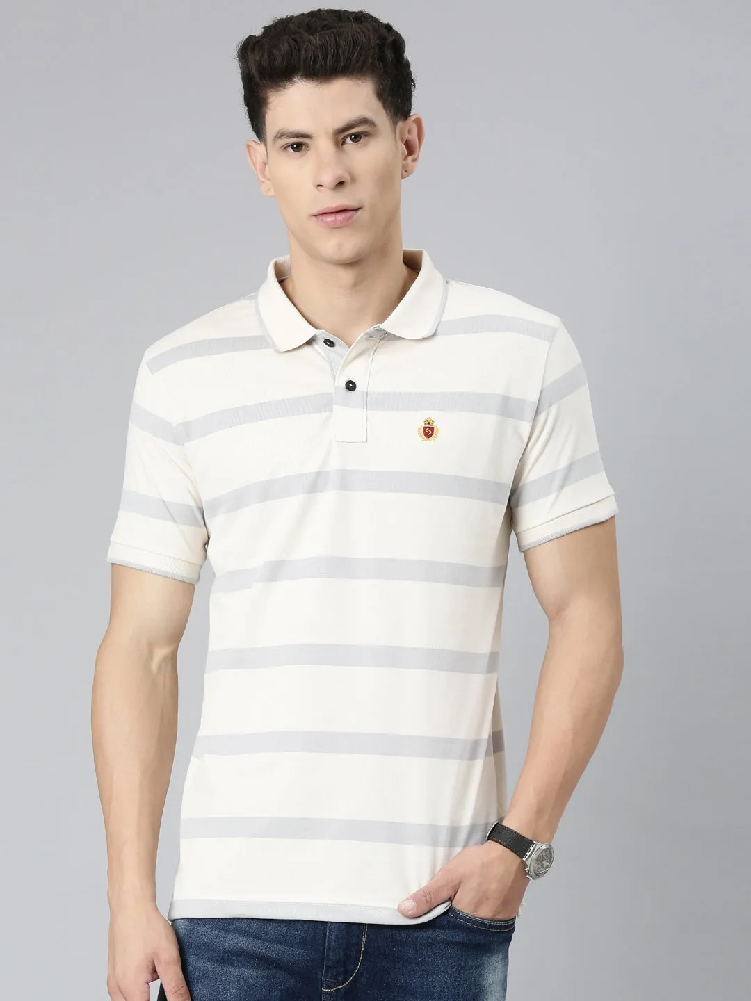 Classic Polo Mens Striped Lt.Yellow/Grey Polo Neck Slim Fit T-Shirt | CPEG - 323 A SF P