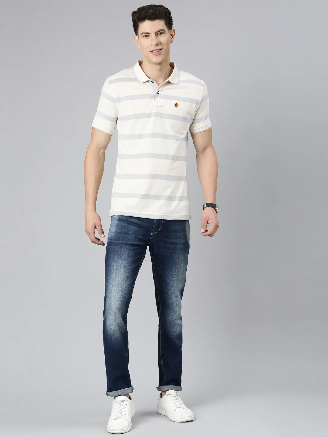 Classic Polo Mens Striped Lt.Yellow/Grey Polo Neck Slim Fit T-Shirt | CPEG - 323 A SF P