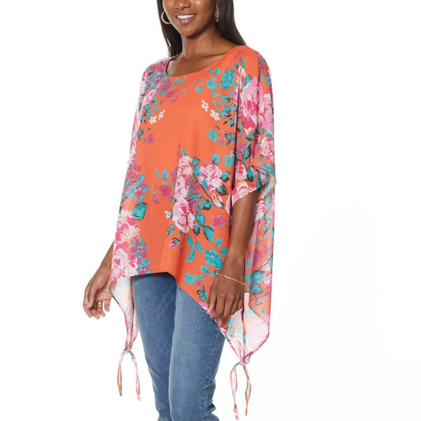 Colleen Lopez Women's Chiffon Poncho Top Orange Floral Large