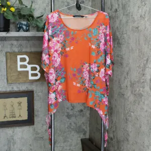Colleen Lopez Women's Chiffon Poncho Top Orange Floral Large