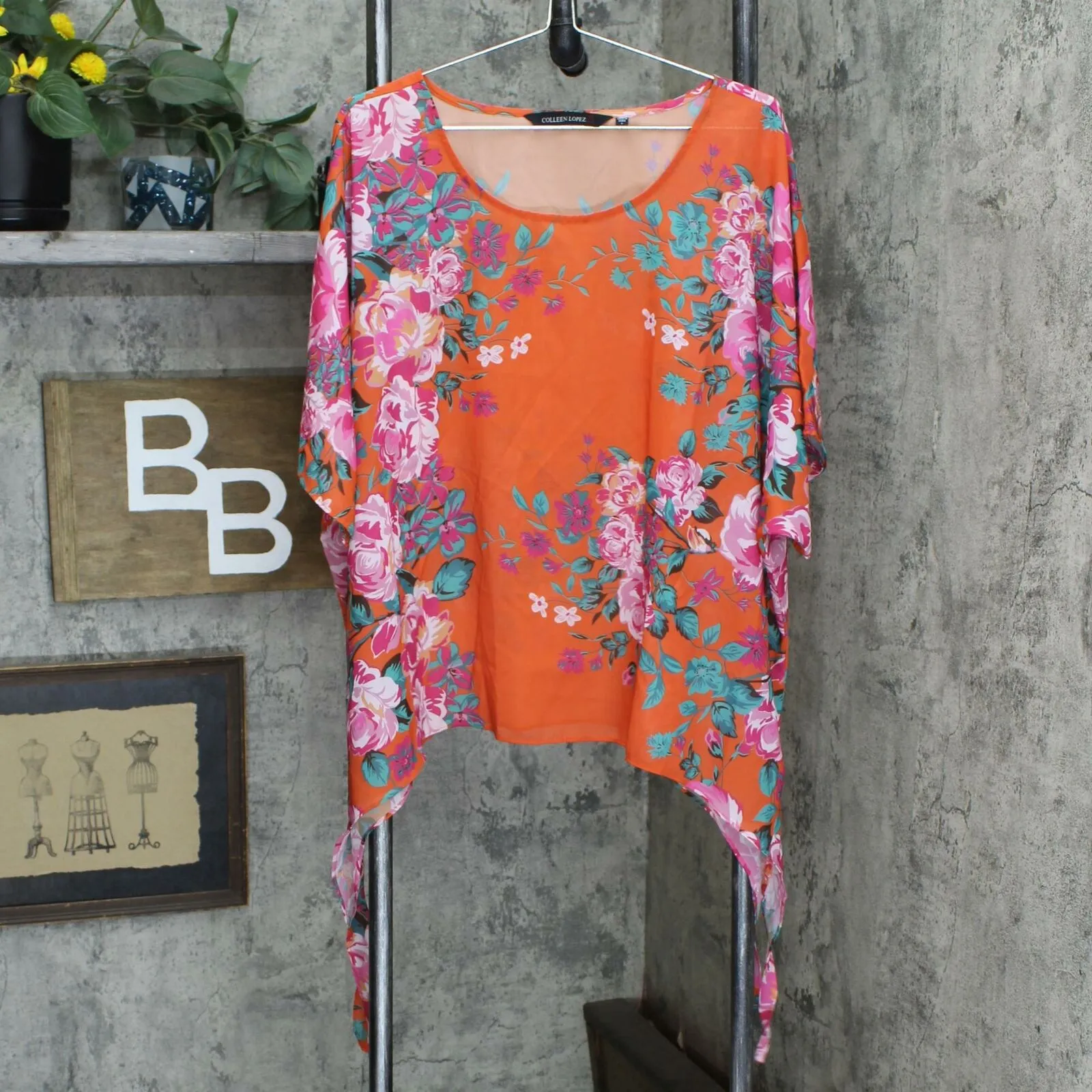 Colleen Lopez Women's Chiffon Poncho Top Orange Floral Large