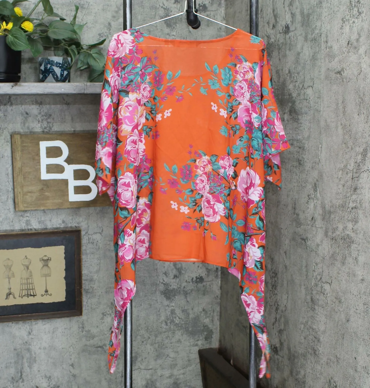 Colleen Lopez Women's Chiffon Poncho Top Orange Floral Large