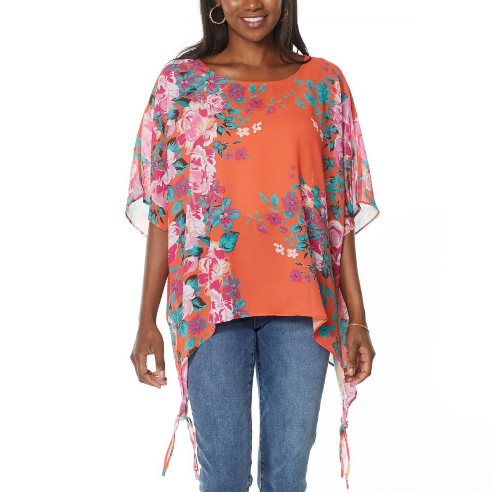 Colleen Lopez Women's Chiffon Poncho Top Orange Floral Large