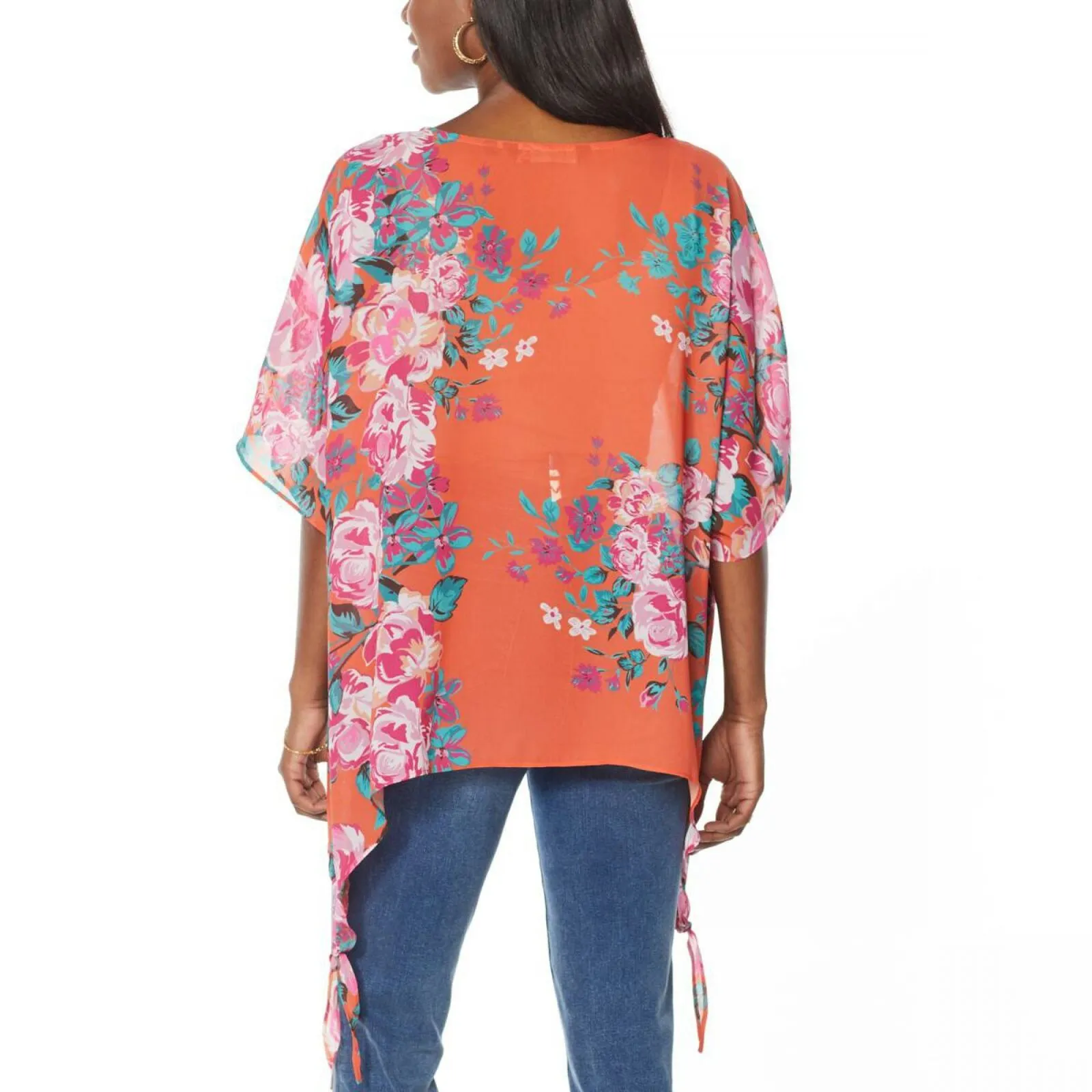 Colleen Lopez Women's Chiffon Poncho Top Orange Floral Large