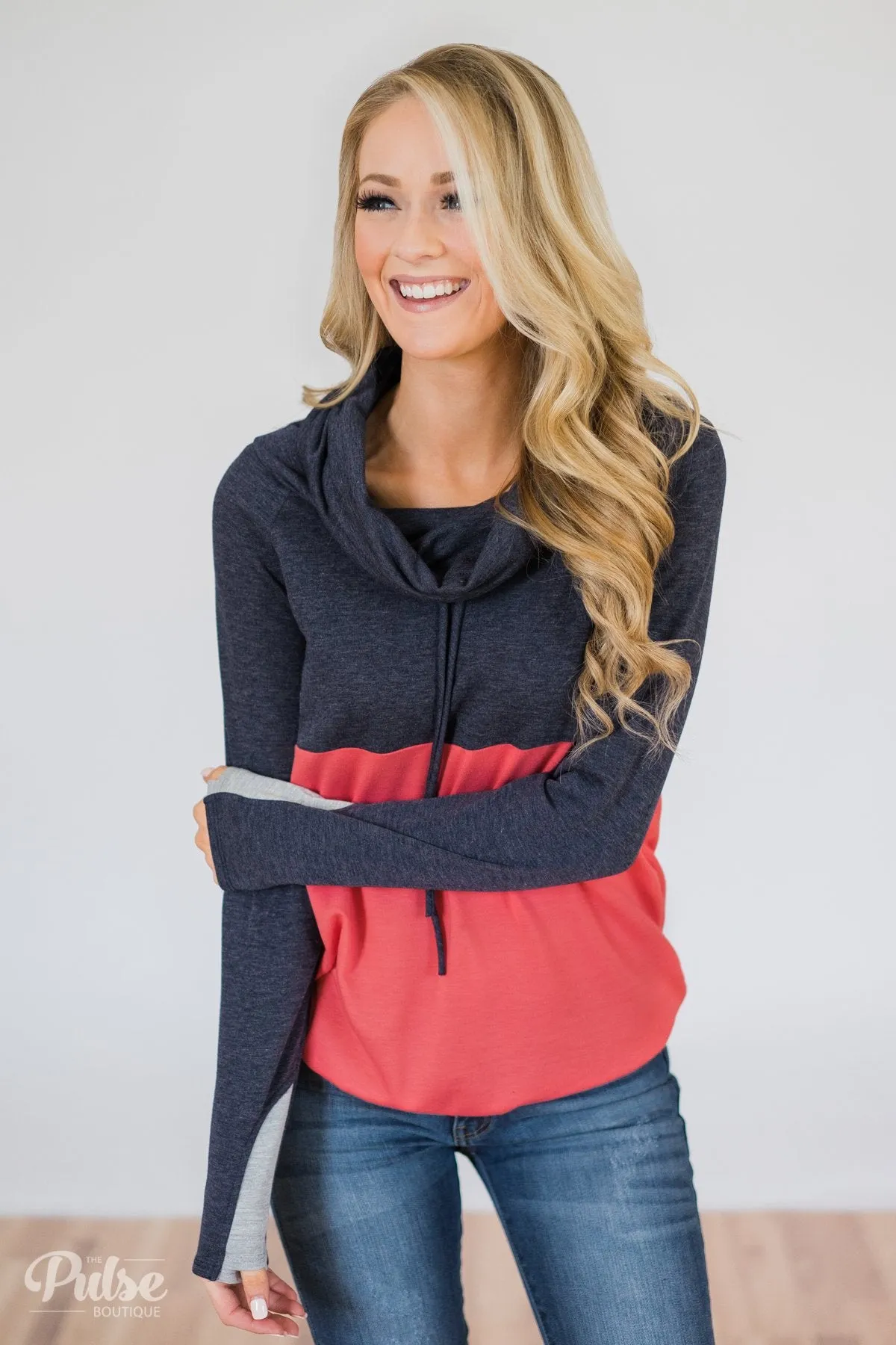 Color Block Cowl Neck- Navy & Coral