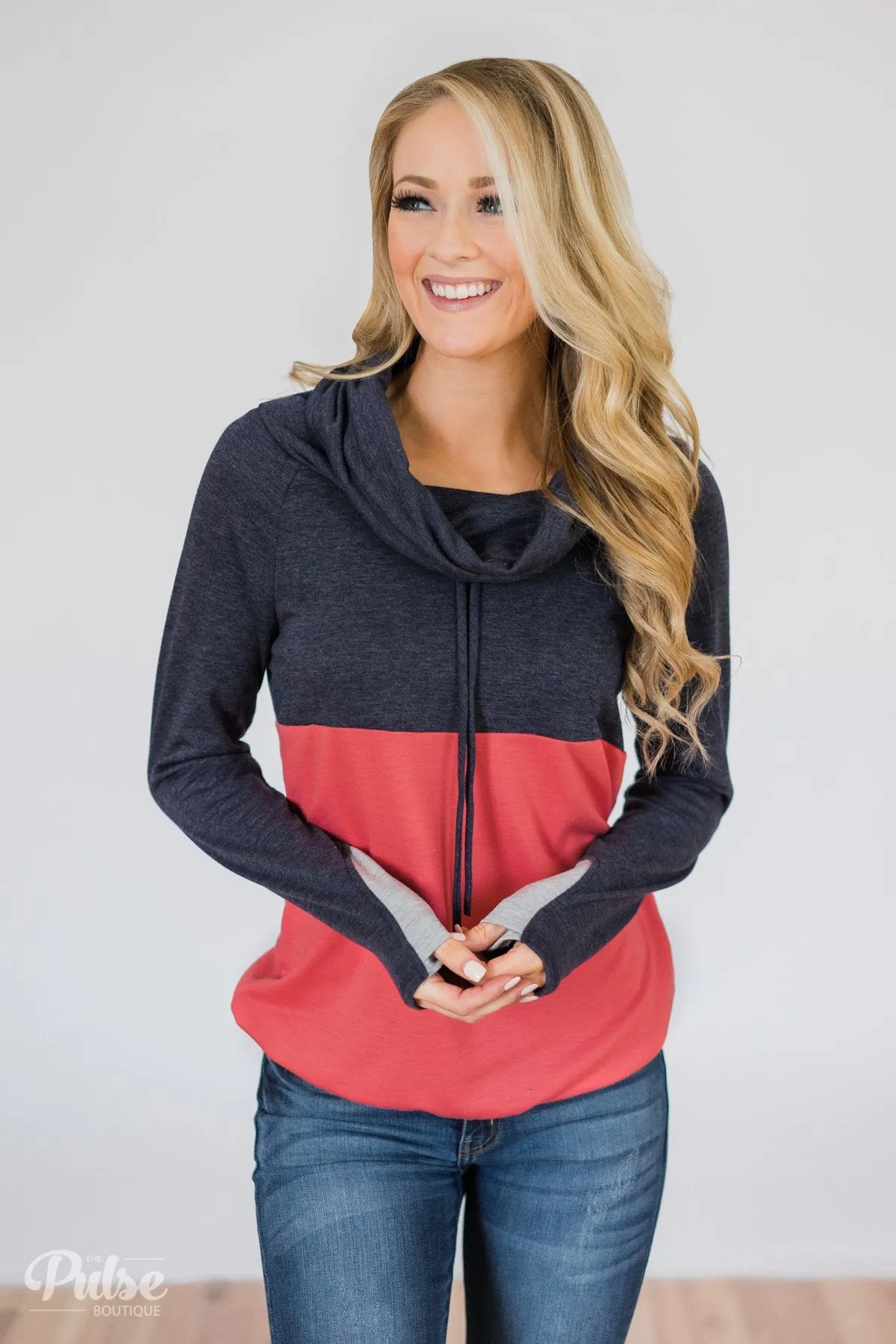 Color Block Cowl Neck- Navy & Coral
