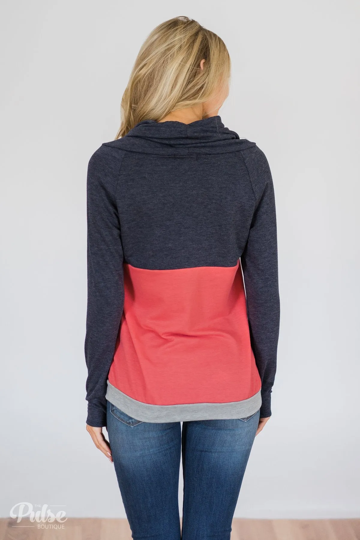 Color Block Cowl Neck- Navy & Coral