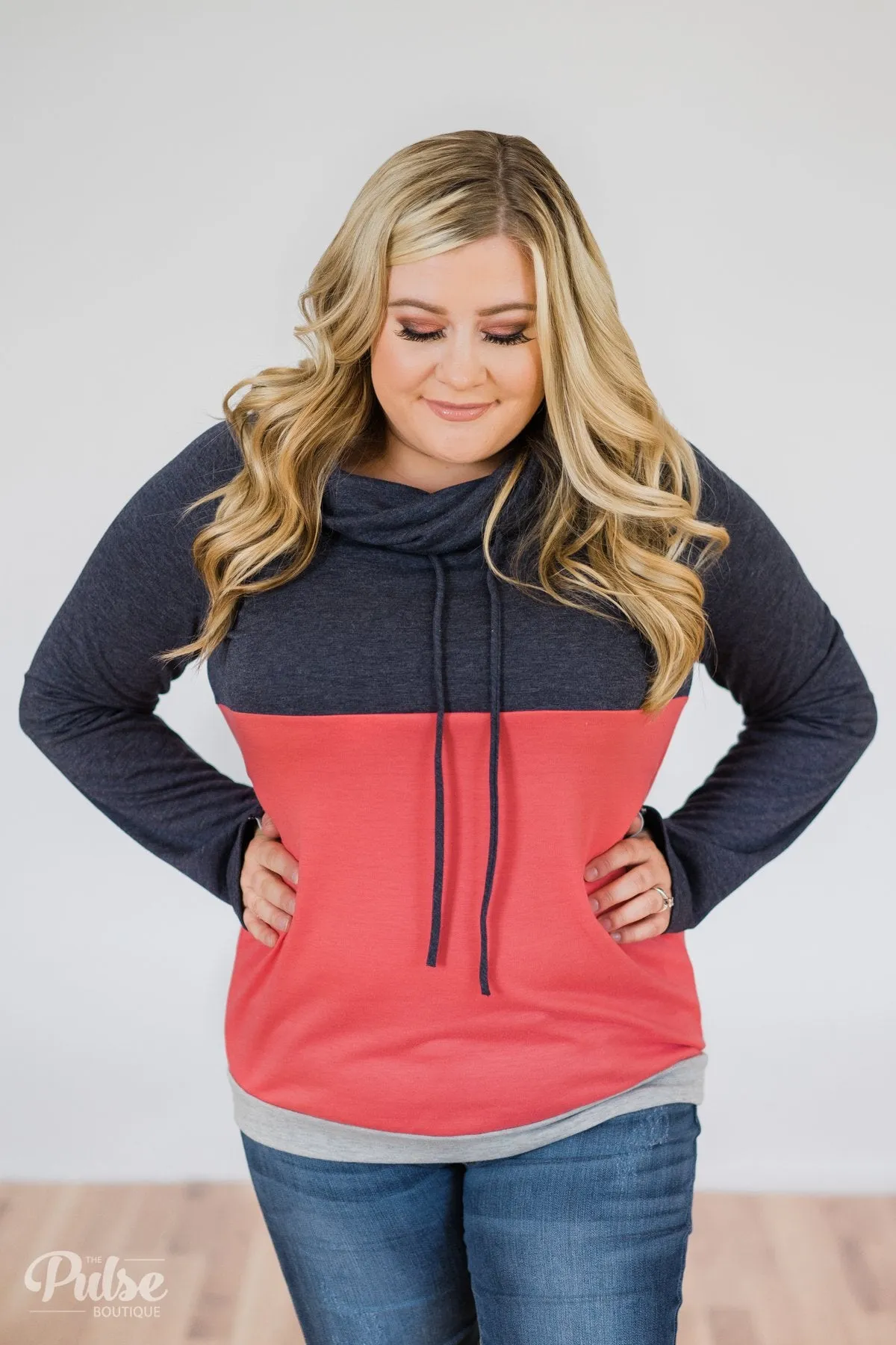 Color Block Cowl Neck- Navy & Coral