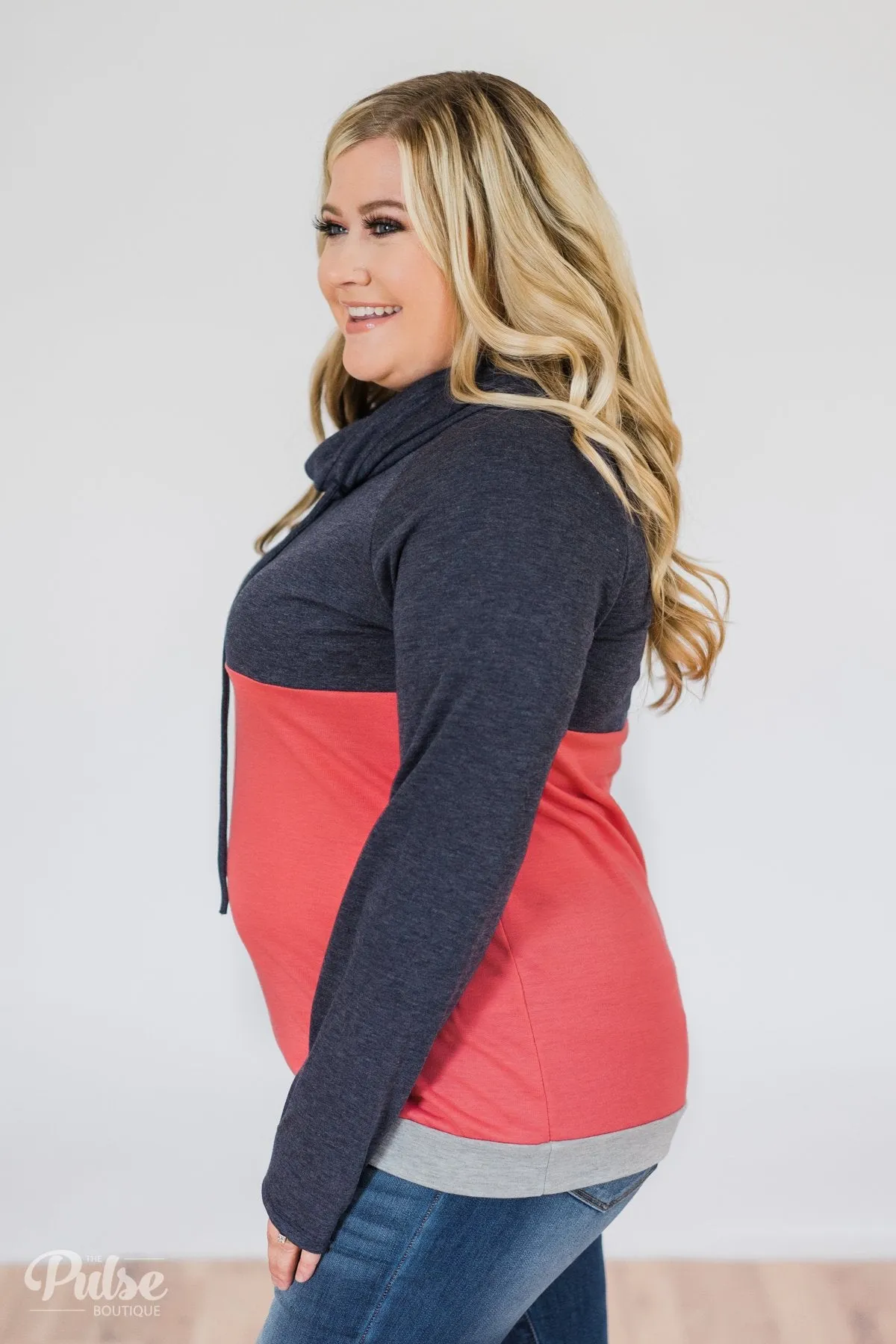 Color Block Cowl Neck- Navy & Coral